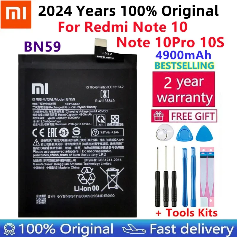 

2024 Years 100% Original New High Quality BN59 4900mAh Battery For Redmi Note10 Note 10 Pro 10S Note 10pro Global+Free Tools