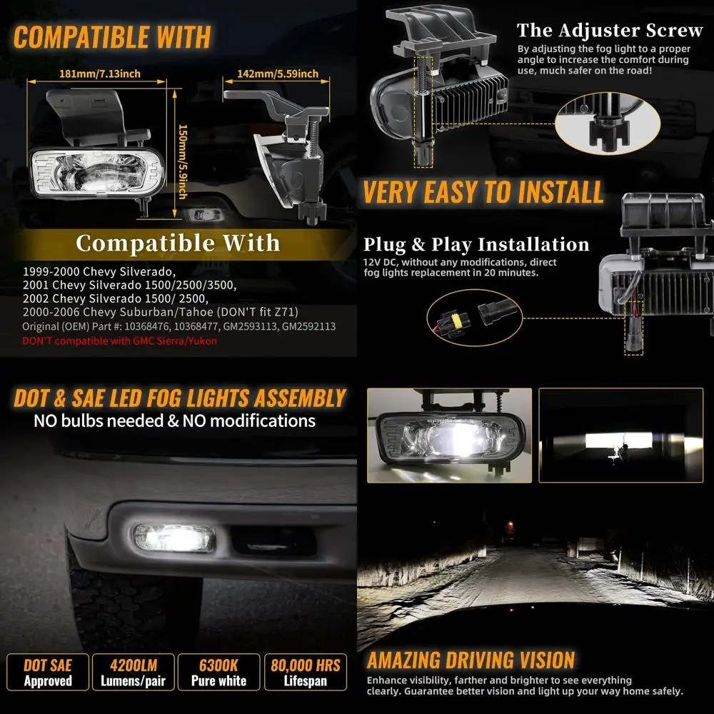 LED Fog Lights Replacement for 1999-2002 Chevy Silverado 1500, 2500, 3500 & 2000-2006 Suburban, Tahoe
LED Fog Lights Replacement for 1999-2002 Chevy Silverado 1500, 2500, 3500 & 2000-2006 Suburban, Tahoe