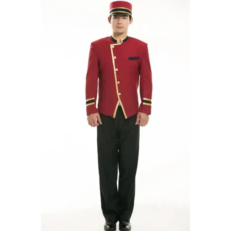 Hotel receptionist uniform, men's red welcome doorman suit, spring and autumn with coat, pants and hat
Hotel receptionist uniform, men's red welcome doorman suit, spring and autumn with coat, pants and hat