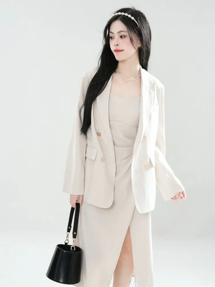 Spring Office Lady Elegant Waisted Slim Camisole Dress Thin Suit Coat Sexy Slit Dress Women Two Pieces Set 2025 Summer Clothing
Spring Office Lady Elegant Waisted Slim Camisole Dress Thin Suit Coat Sexy Slit Dress Women Two Pieces Set 2025 Summer Clothing