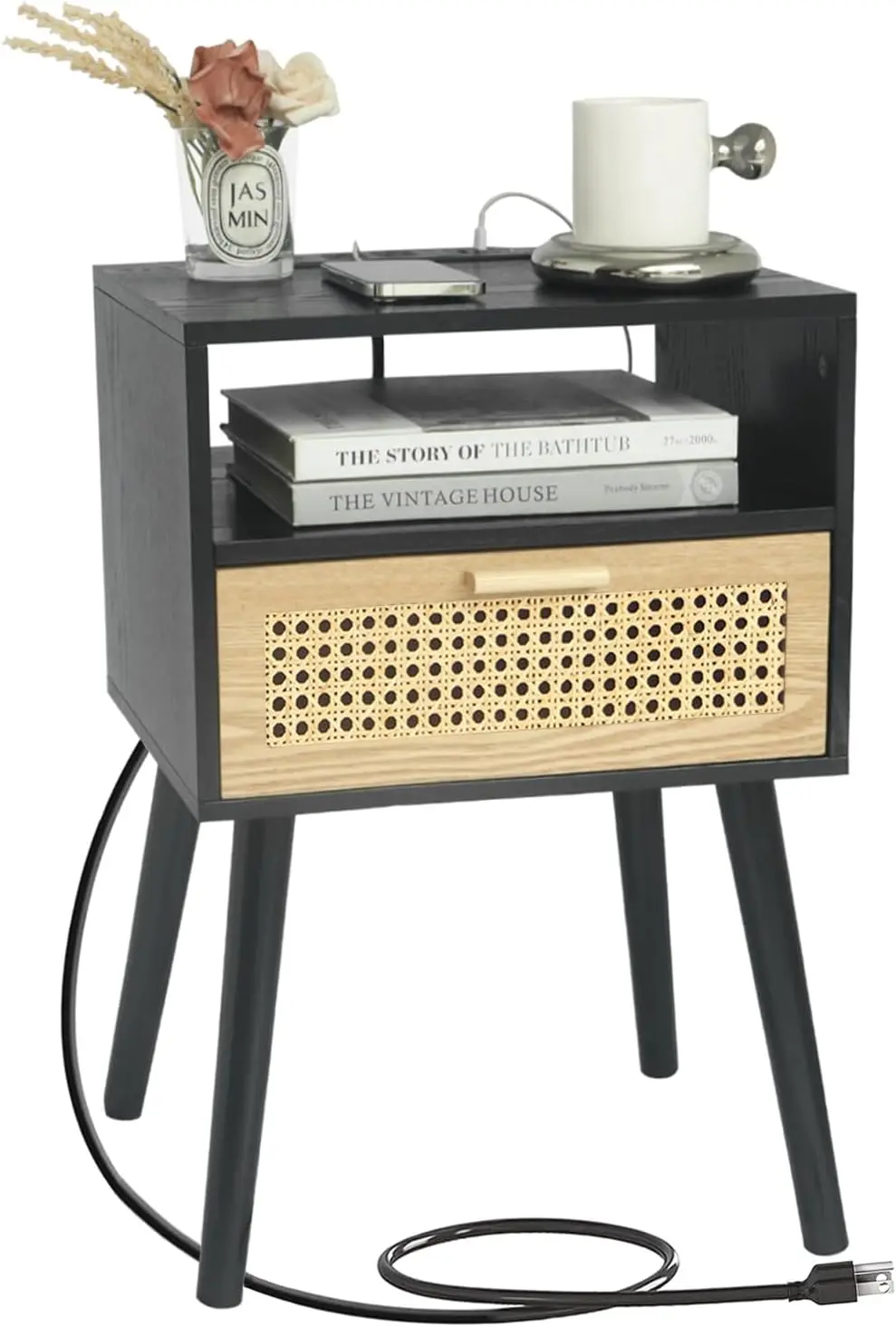 Mid Century Modern Nightstand with Charging Station, Bedside Tables with Rattan Drawer, Small Wood Nightstand Side Table
Mid Century Modern Nightstand with Charging Station, Bedside Tables with Rattan Drawer, Small Wood Nightstand Side Table