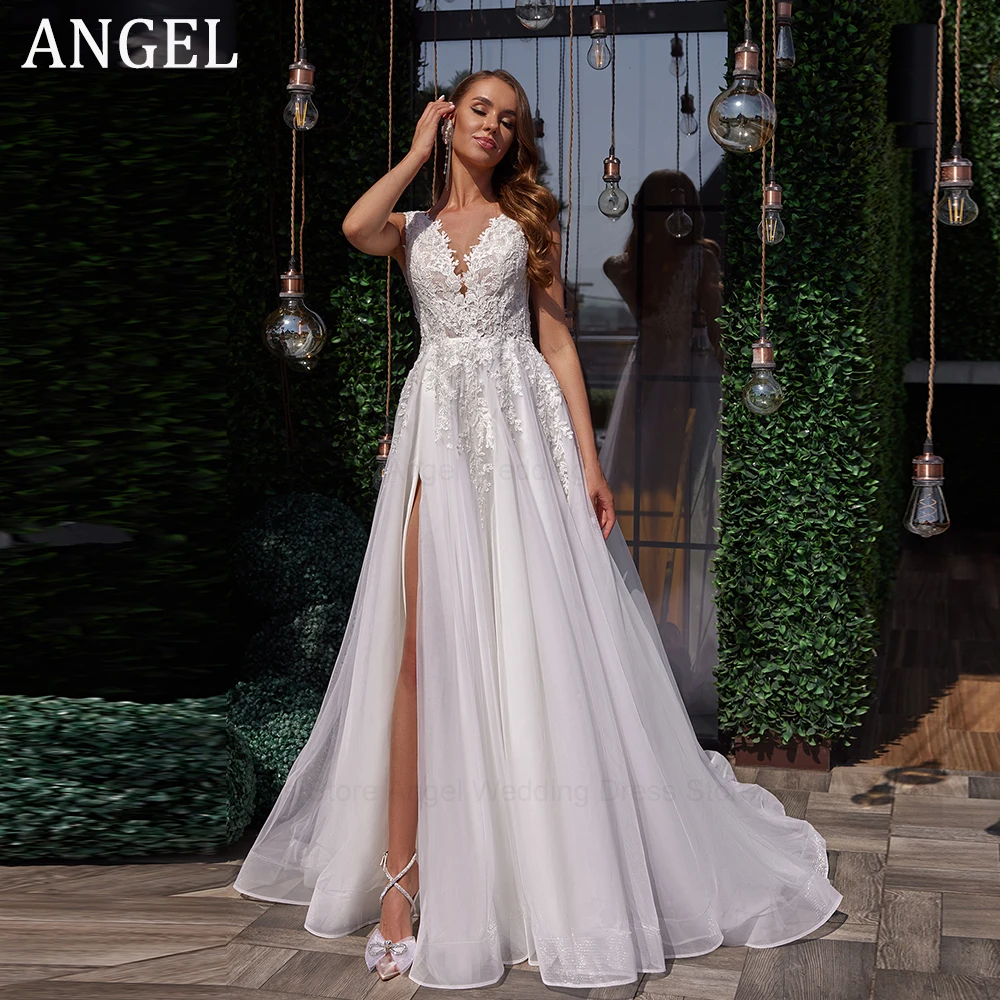 ANGEL Elegant V-Neck High Split Wedding Dress Illusion Button Back Robe De Mariée Soft Tulle Spaghetti Straps Bride Party
ANGEL Elegant V-Neck High Split Wedding Dress Illusion Button Back Robe De Mariée Soft Tulle Spaghetti Straps Bride Party