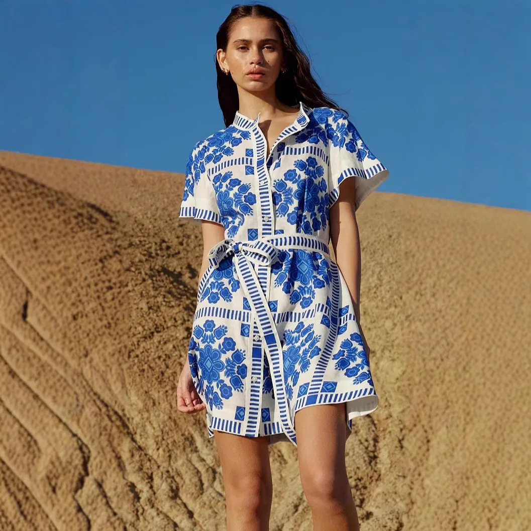Women's Print Dresses Summer Vacation Style Single Breasted Leace-up Short Sleeves Mini Dress Fashion Lady Commuting Vestidos
Women's Print Dresses Summer Vacation Style Single Breasted Leace-up Short Sleeves Mini Dress Fashion Lady Commuting Vestidos