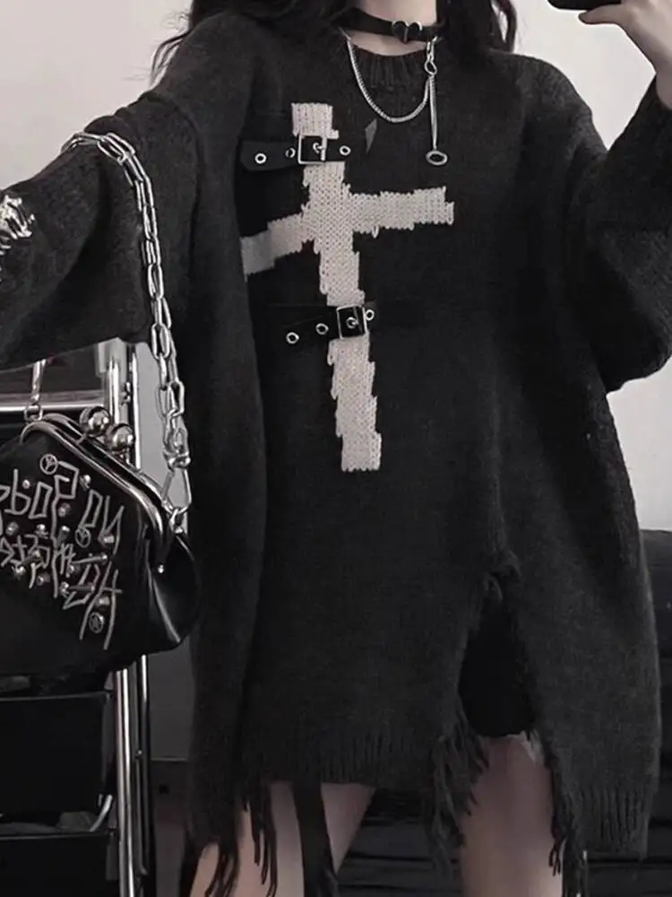Gothic Sweater Women 2025 Autumn Women's Y2K Punk Sweater Gothic Cross & Leather Buckle Design Lazy Style Knit Inner Top
Gothic Sweater Women 2025 Autumn Women's Y2K Punk Sweater Gothic Cross & Leather Buckle Design Lazy Style Knit Inner Top