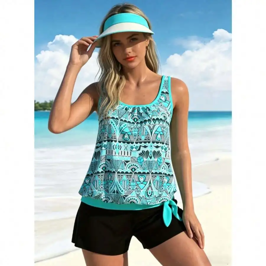 Geometric Print Tankini Swimsuit With Shorts Sleeveless Scoop Neck Tummy Control Bathing Suit For Women
Geometric Print Tankini Swimsuit With Shorts Sleeveless Scoop Neck Tummy Control Bathing Suit For Women