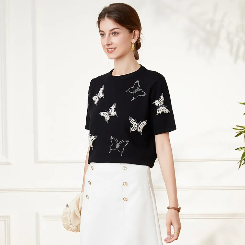 Women's Beaded Short-Sleeved T-Shirt Casual Ice Silk Knitwear Diamond Butterfly Pattern Sweet Salty Top for Summer 
Women's Beaded Short-Sleeved T-Shirt Casual Ice Silk Knitwear Diamond Butterfly Pattern Sweet Salty Top for Summer