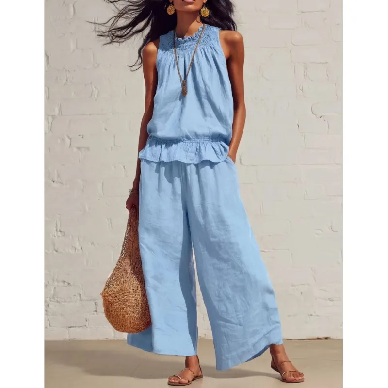 Women's Two-piece Suit Sleeveless Pleated Collar Ruffle Top + Wide-leg Pants Casual Summer Loose Solid Color Beach Vacation Suit
Women's Two-piece Suit Sleeveless Pleated Collar Ruffle Top + Wide-leg Pants Casual Summer Loose Solid Color Beach Vacation Suit