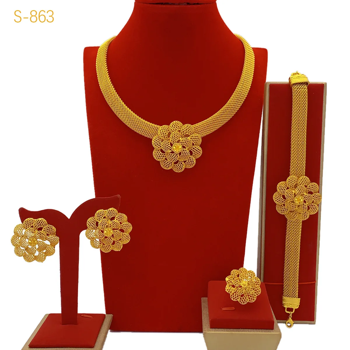 Luxury Wedding AU999 24K Gold Flower Jewelry Set! 4-Piece(Bracelet+Earrings+Ring+Necklace) Flattering, Newlywed Bliss Meaning
Luxury Wedding AU999 24K Gold Flower Jewelry Set! 4-Piece(Bracelet+Earrings+Ring+Necklace) Flattering, Newlywed Bliss Meaning