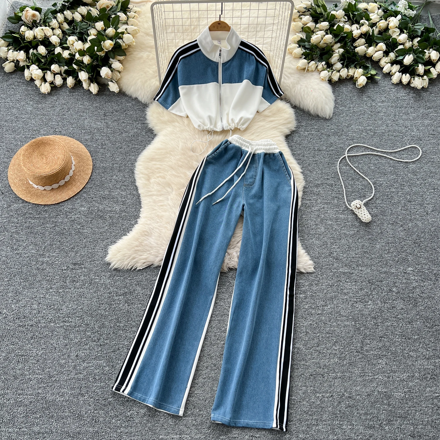 Sexy Two Pieces Sets Chic Pleated patchwork striped Top with Fashion Hotsweet High Waist Wide Leg Pant Sets
Sexy Two Pieces Sets Chic Pleated patchwork striped Top with Fashion Hotsweet High Waist Wide Leg Pant Sets