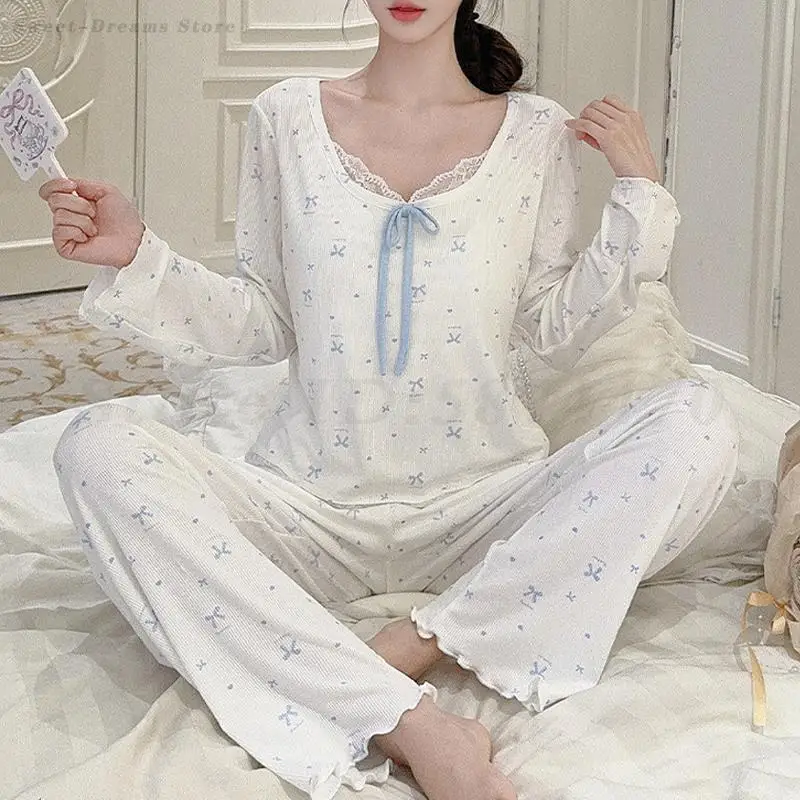 Sweet Lovely Pajamas Set Spring Autumn Long Sleeved Top&trouser Sleepwear Loose Casual Home Clothes Modal Bow Lace Loungewear
Sweet Lovely Pajamas Set Spring Autumn Long Sleeved Top&trouser Sleepwear Loose Casual Home Clothes Modal Bow Lace Loungewear