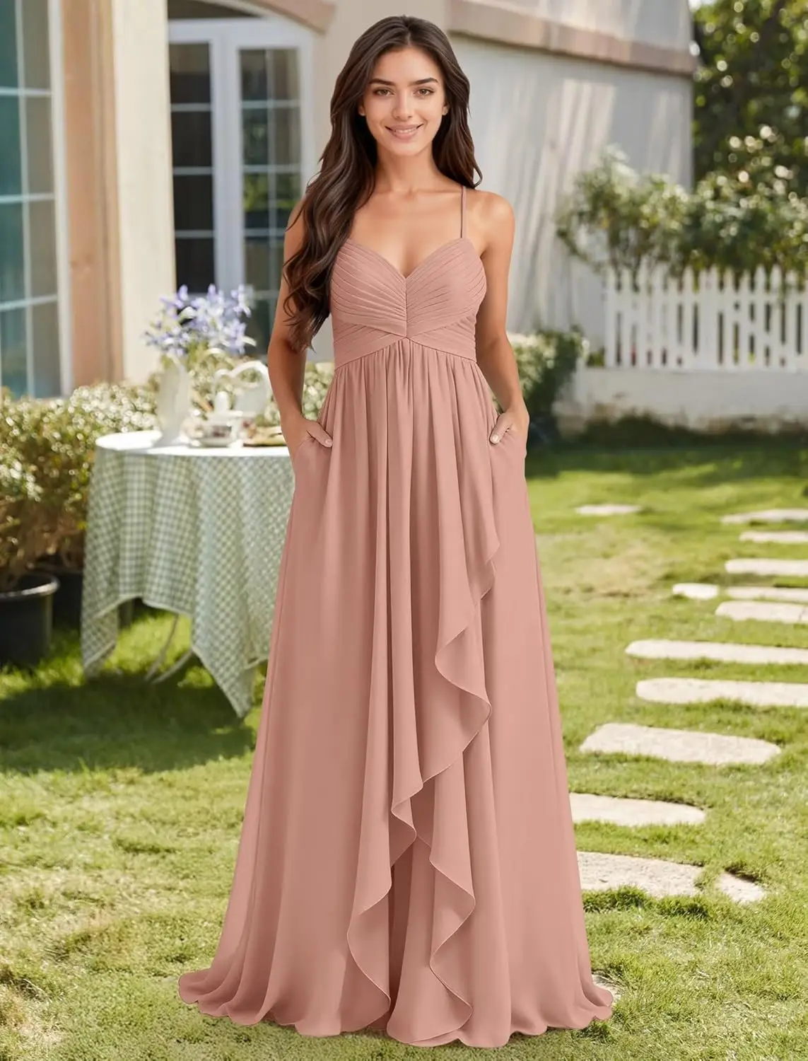 Women's Chiffon Bridesmaid Dresses with Pockets Spaghetti Straps Ruffle A Line Formal Dress Evening Gown with Slit Prom Dresses
Women's Chiffon Bridesmaid Dresses with Pockets Spaghetti Straps Ruffle A Line Formal Dress Evening Gown with Slit Prom Dresses