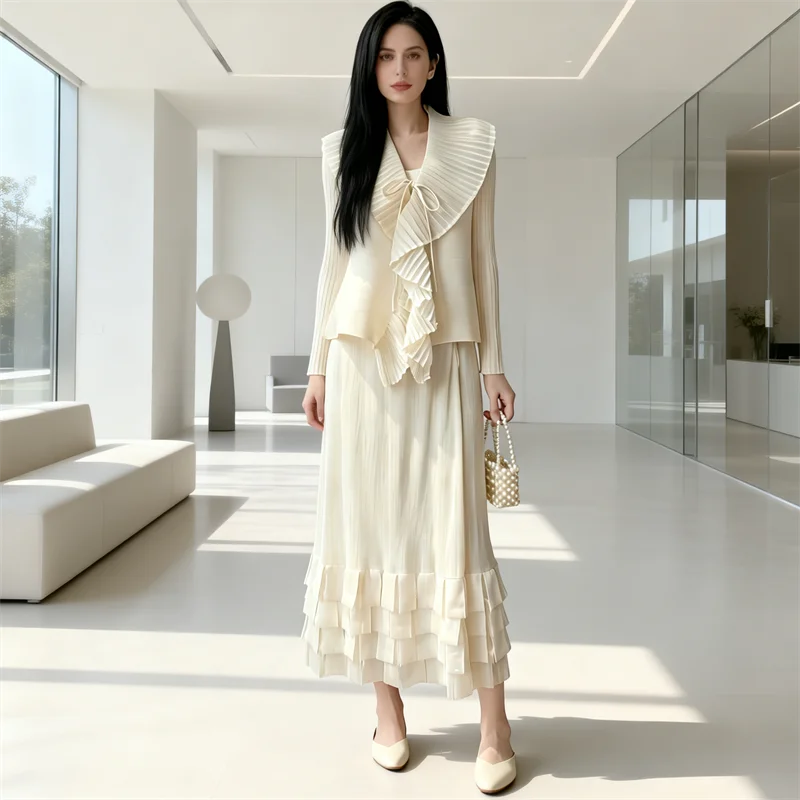 Miyake White Pleated Women's Two Pieces Set Ruffle Neck Long Sleeve Shirt and Tiered Midi Dress Casual Fashion Clothes
Miyake White Pleated Women's Two Pieces Set Ruffle Neck Long Sleeve Shirt and Tiered Midi Dress Casual Fashion Clothes