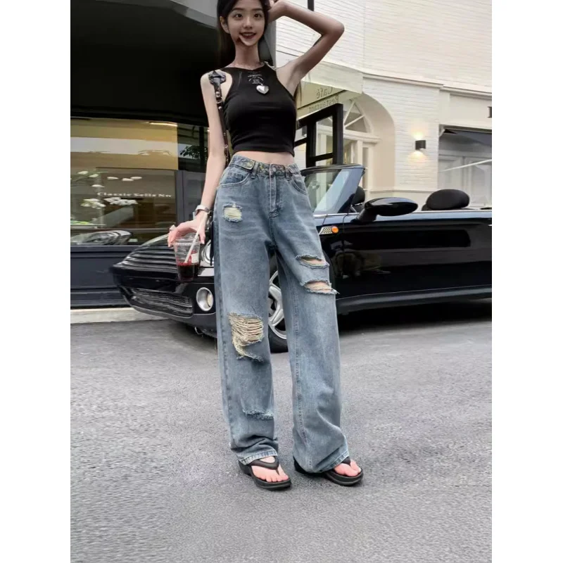 Vintage Adjustable High-Waisted Jeans for Tall Women, Loose Ripped Straight Pants, Summer Thin Wide-Leg Floor-Length Trousers
Vintage Adjustable High-Waisted Jeans for Tall Women, Loose Ripped Straight Pants, Summer Thin Wide-Leg Floor-Length Trousers
