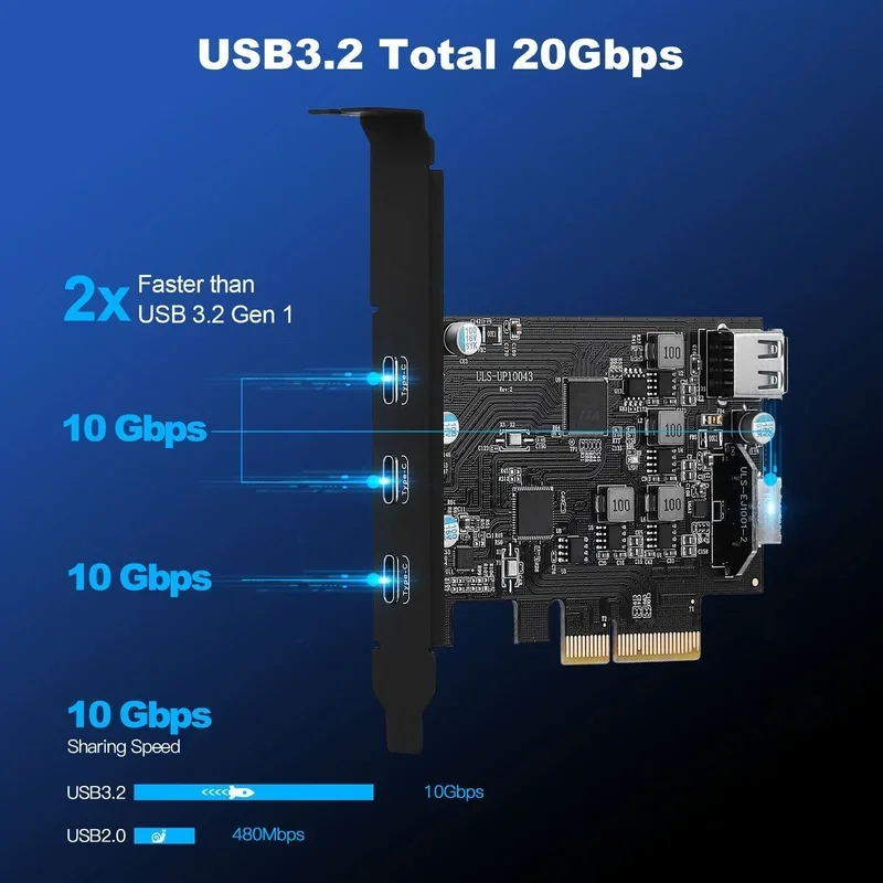 USB 3.2 GEN2 Expansion Card PCIE To 3 Type C Port With Built in Usb A + TYPE E 10Gbps Drive-free Adapter Card Chip ASM3124
USB 3.2 GEN2 Expansion Card PCIE To 3 Type C Port With Built in Usb A + TYPE E 10Gbps Drive-free Adapter Card Chip ASM3124