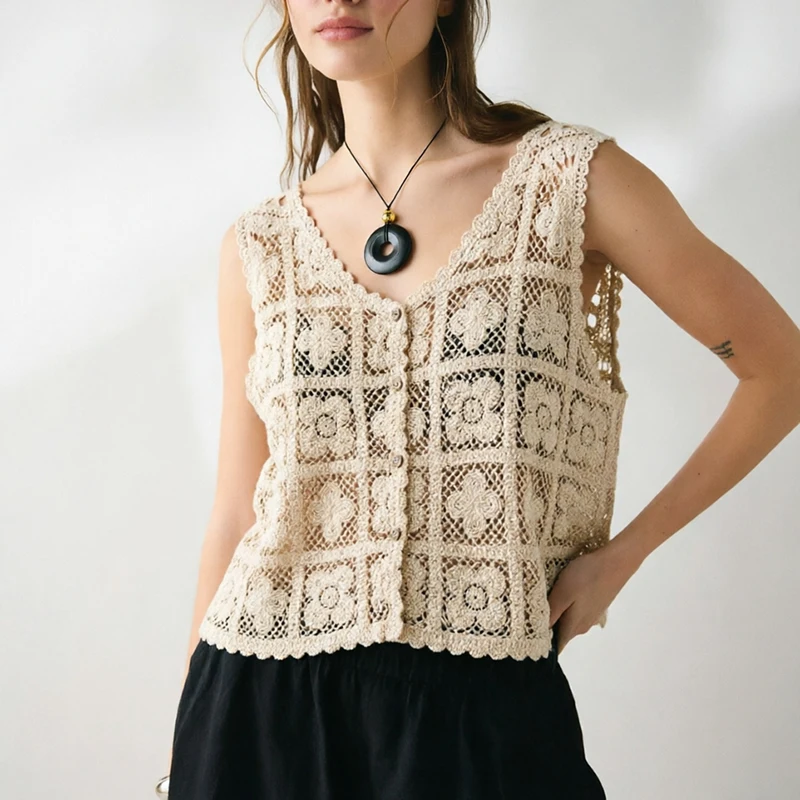 Floral Crochet Lace Vest Button Down Sleeveless Hollow-out Openwork Knit Blouse Women Beach Cover-up Spring Summer 2026 Boho
Floral Crochet Lace Vest Button Down Sleeveless Hollow-out Openwork Knit Blouse Women Beach Cover-up Spring Summer 2026 Boho