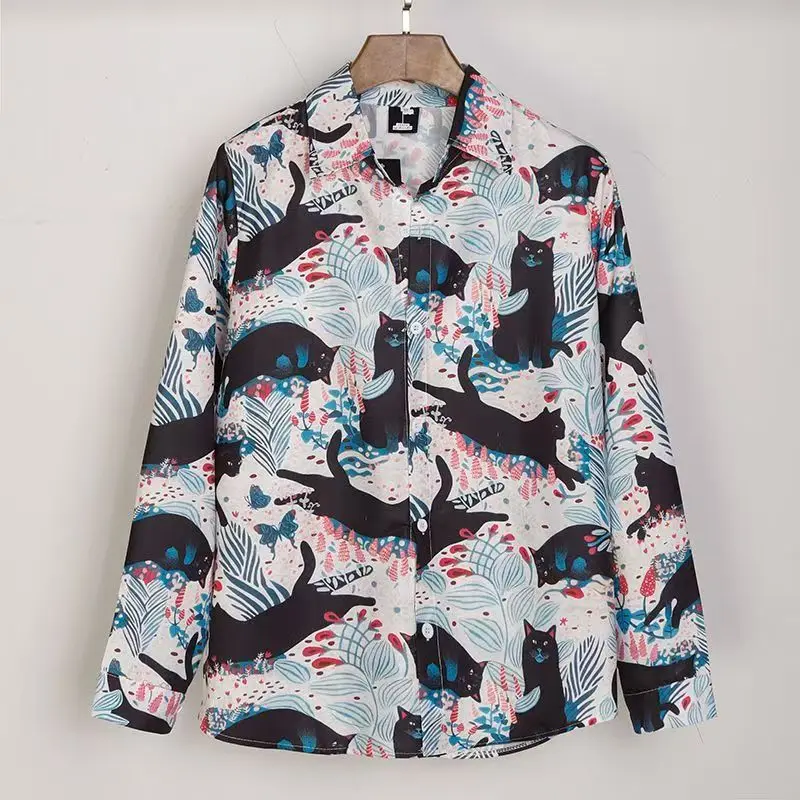 Japanese Vintage Black Flower Cat Full Print Long Sleeve Loose Shirts Men and Women Korean Fashion Hawaiian Blouse Spring Summer
Japanese Vintage Black Flower Cat Full Print Long Sleeve Loose Shirts Men and Women Korean Fashion Hawaiian Blouse Spring Summer