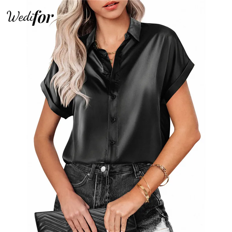 Wedifor Short Sleeve Casual Satin Blouse Shirts Women Turn-down Collar Button Up Solid Summer Tops Fashion Loose Eleagnt Blouses
Wedifor Short Sleeve Casual Satin Blouse Shirts Women Turn-down Collar Button Up Solid Summer Tops Fashion Loose Eleagnt Blouses