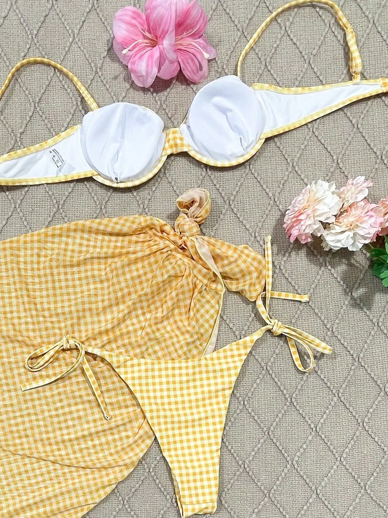 Yellow Gingham Plaid Bikini Set With Cover-Up Skirt For Beach Vacation
Yellow Gingham Plaid Bikini Set With Cover-Up Skirt For Beach Vacation