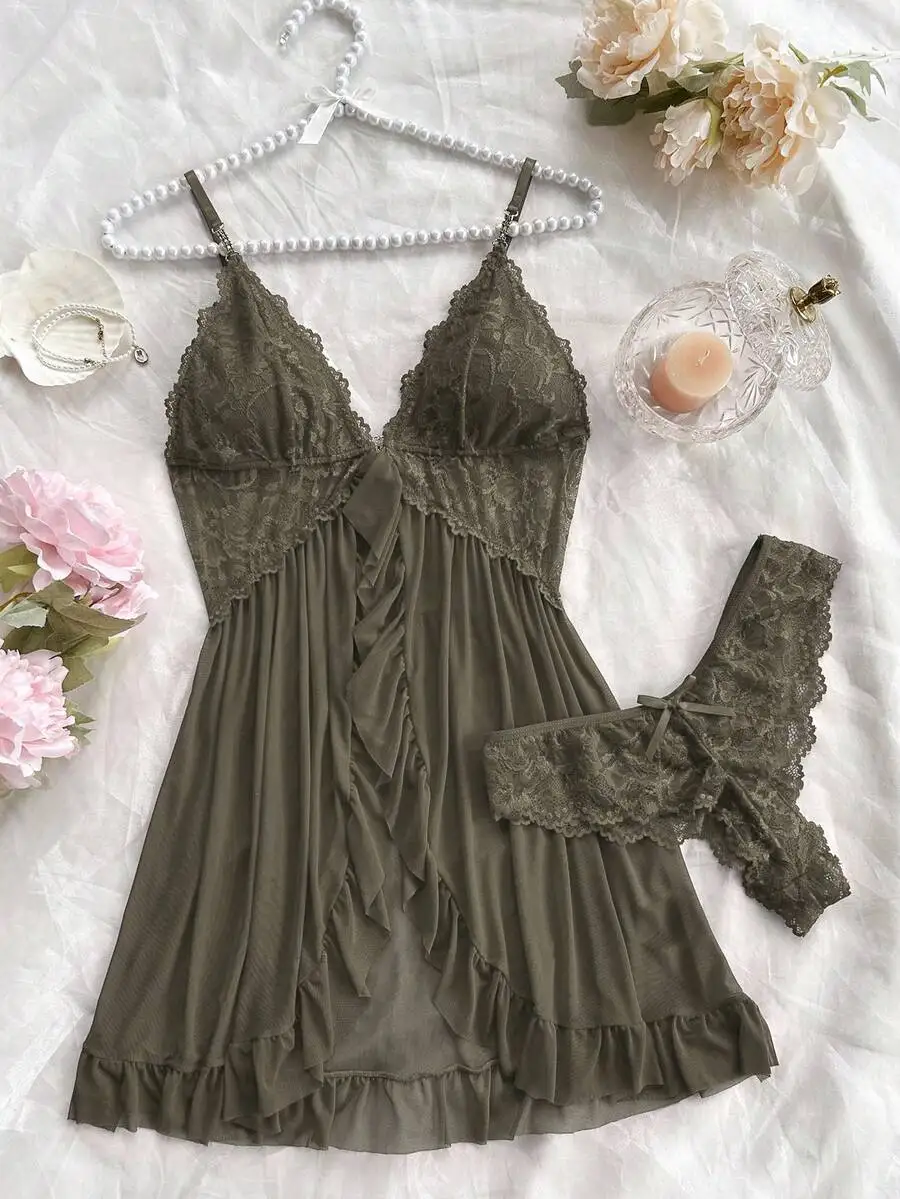 Womens Olive Green Lace Camisole Nightgown With Matching Panties V-Neck Ruffle Hem
Womens Olive Green Lace Camisole Nightgown With Matching Panties V-Neck Ruffle Hem