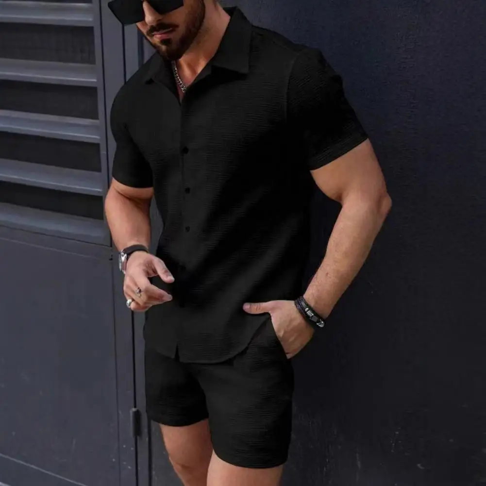 Men Outfit Set Men's Short Sleeve Shirt Drawstring Shorts Set with Pockets Solid Color Beach Outfit for Summer for Everyday
Men Outfit Set Men's Short Sleeve Shirt Drawstring Shorts Set with Pockets Solid Color Beach Outfit for Summer for Everyday