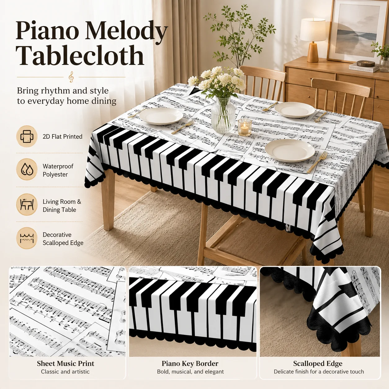 Musical Note Piano Key Waterproof Polyester Tablecloth 2D Flat Printed Scalloped Table Cover For Music Room Party Decor
Musical Note Piano Key Waterproof Polyester Tablecloth 2D Flat Printed Scalloped Table Cover For Music Room Party Decor