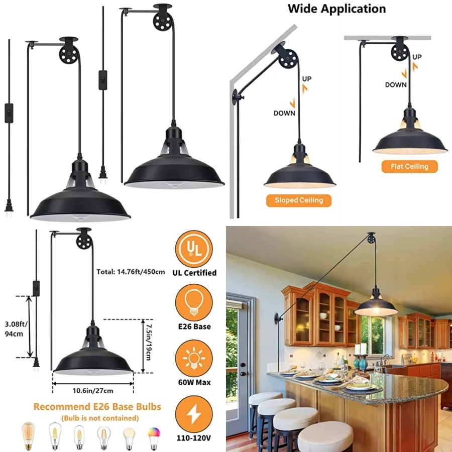 Plug in Pendant Light, Hanging Lamp with Barn Pendant Lighting with 14.76ft Cord On/Off Switch, Adjustable Pulley Hanging Penda
Plug in Pendant Light, Hanging Lamp with Barn Pendant Lighting with 14.76ft Cord On/Off Switch, Adjustable Pulley Hanging Penda