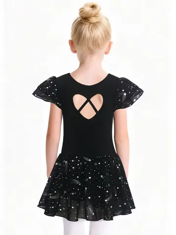 Girls Ruffle Sleeve Ballet Leotard with Skirt Hollow Love Back Dance Dresses Costume Ballerina Outfit Skirt