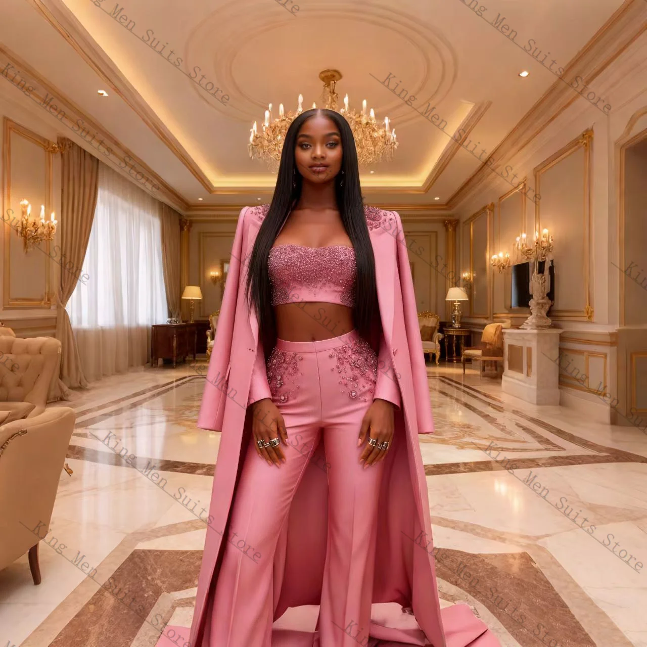 Luxury Crystals Pink Women Suit Set 3 Pcs Long Blazer+Top Bra+Pants Trousers Customized Formal Guest Wedding Tuxedos Coat Jacket
Luxury Crystals Pink Women Suit Set 3 Pcs Long Blazer+Top Bra+Pants Trousers Customized Formal Guest Wedding Tuxedos Coat Jacket