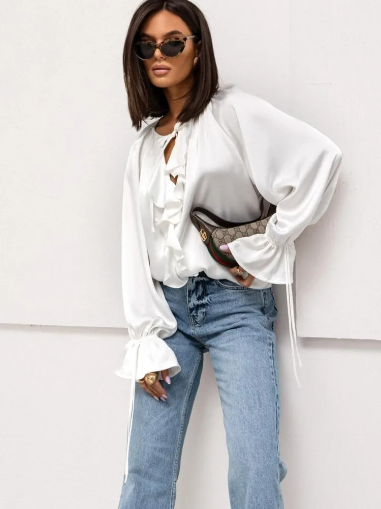 Fashion Solid Women Shirts Casual Flare Sleeve Lotus Leaf Edge Lace Up Chiffon Blouses New Lady Commute Outfits Summer Clothes
Fashion Solid Women Shirts Casual Flare Sleeve Lotus Leaf Edge Lace Up Chiffon Blouses New Lady Commute Outfits Summer Clothes