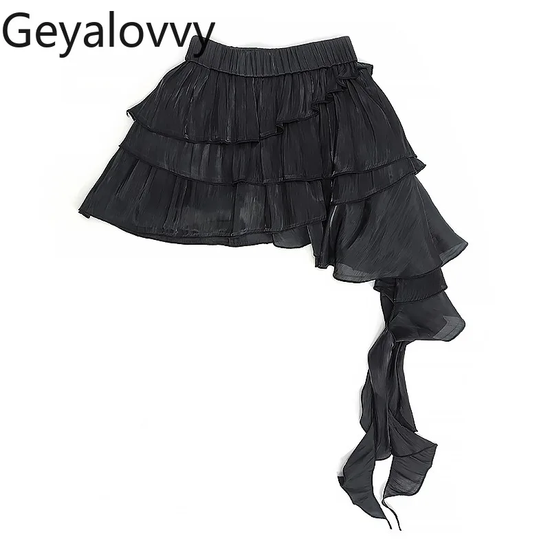 Новая летняя оригинальная многослойная короткая юбка с нерегулярной лентой, милые милые черные глянцевые пышные мини-юбки с эластичной резинкой на талии для девочек