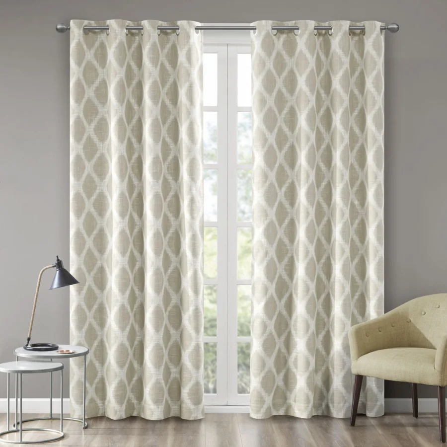 Living room Ikat-printed blackout curtain panel, polyester fabric, black color, thermal insulated and light blocking
Living room Ikat-printed blackout curtain panel, polyester fabric, black color, thermal insulated and light blocking