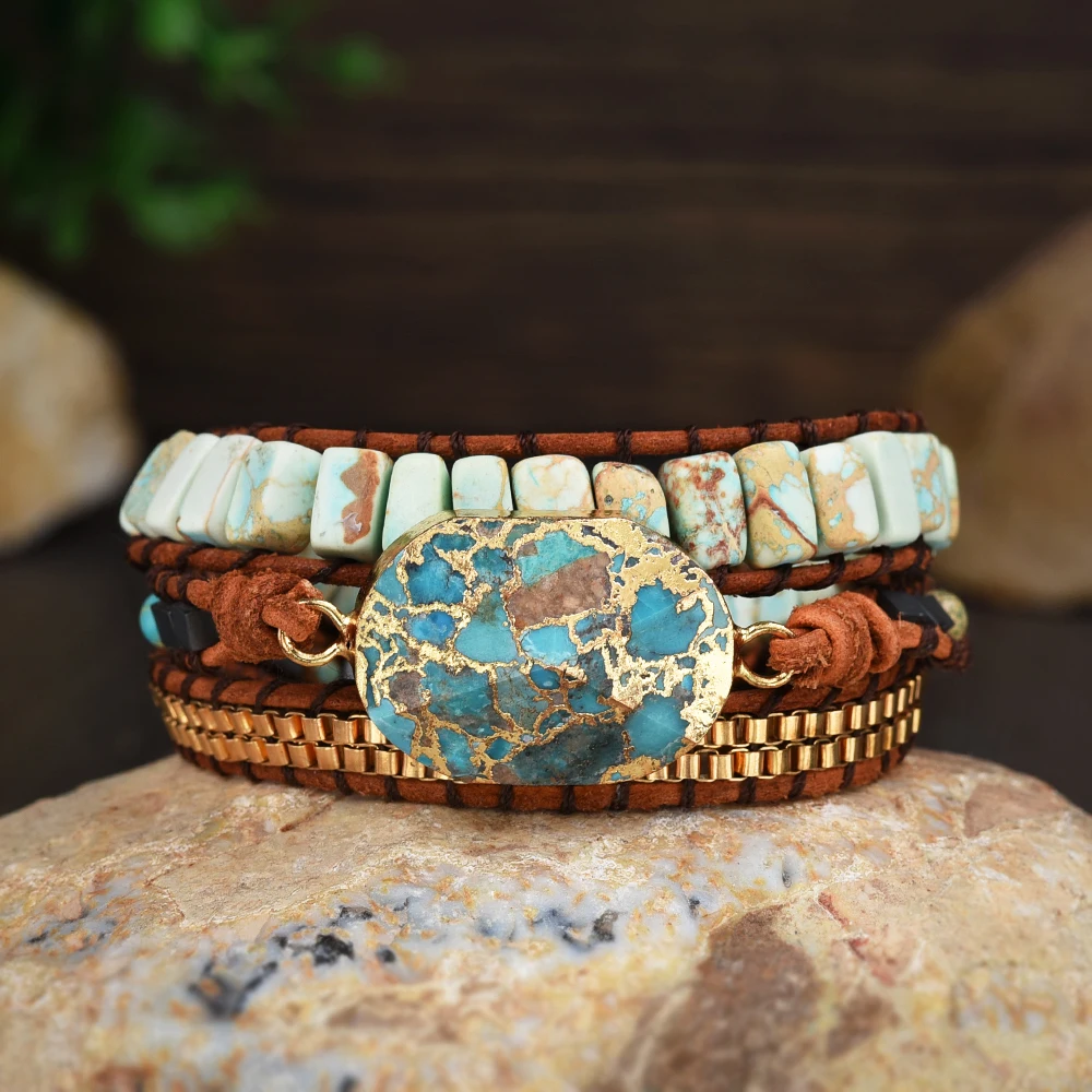 Handcrafted Copper Turquoise Leather Bracelet, Natural Stone Wrapped Bracelet for Women, Gemstone Beaded Bracelet Jewelry
Handcrafted Copper Turquoise Leather Bracelet, Natural Stone Wrapped Bracelet for Women, Gemstone Beaded Bracelet Jewelry