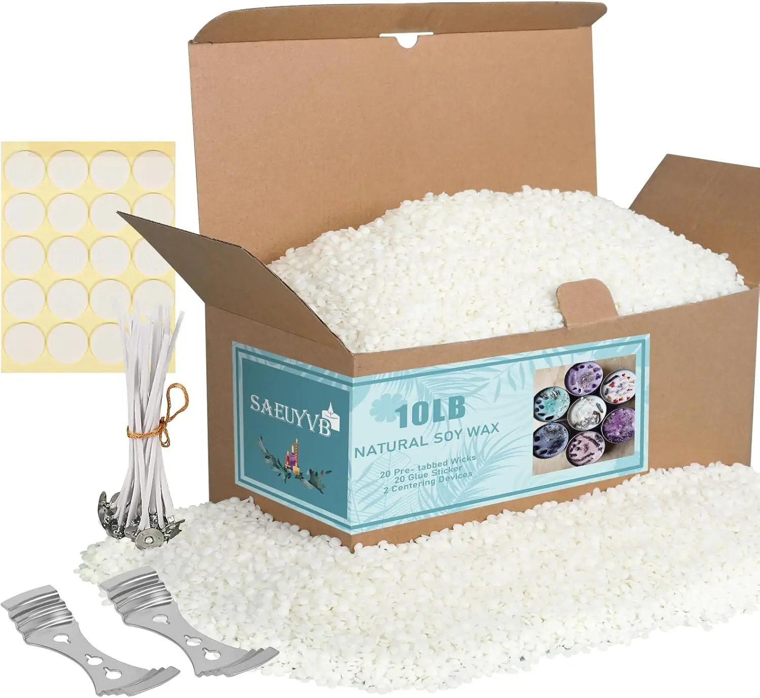 Natural Soy Candle Wax Kit, 10lb Bag with 20 Wicks, Stickers & Centering Devices for DIY Candle Making
Natural Soy Candle Wax Kit, 10lb Bag with 20 Wicks, Stickers & Centering Devices for DIY Candle Making
