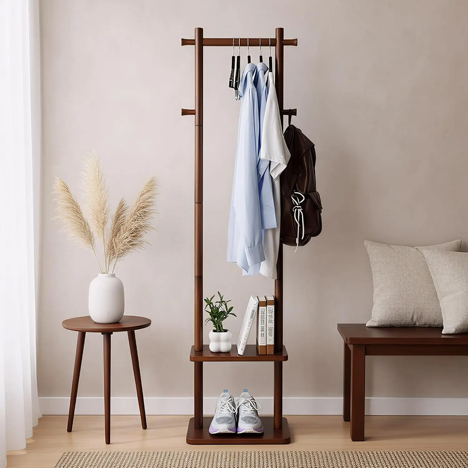 Wooden Coat Rack Freestanding with 4 Hooks and Bottom Shelf for Entryway Living Room Bedroom
Wooden Coat Rack Freestanding with 4 Hooks and Bottom Shelf for Entryway Living Room Bedroom