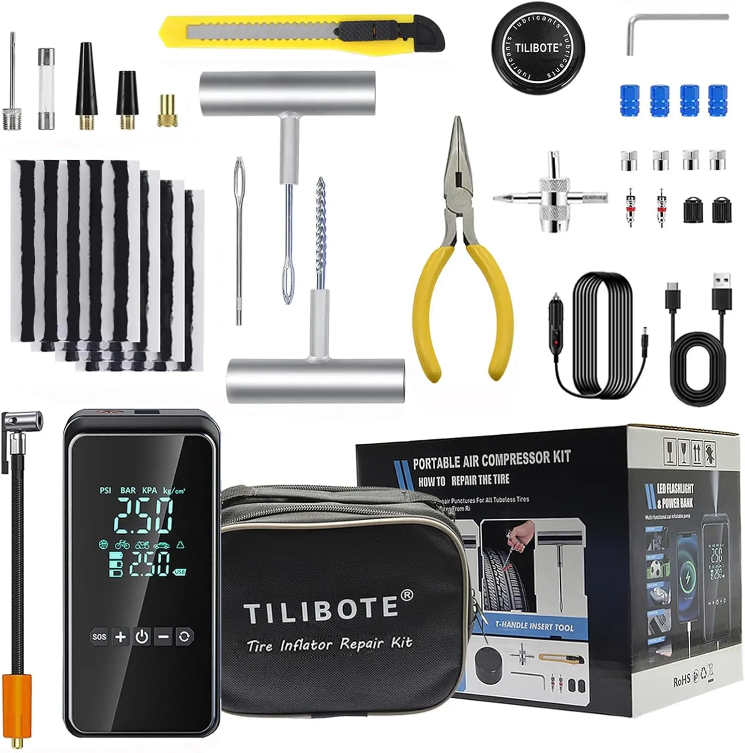 Tire Repair Kit 50PCS, Portable Air Compressor 24000mAh 150 PSI for Cars, MPVs, E-Bikes, Motorcycles
Tire Repair Kit 50PCS, Portable Air Compressor 24000mAh 150 PSI for Cars, MPVs, E-Bikes, Motorcycles