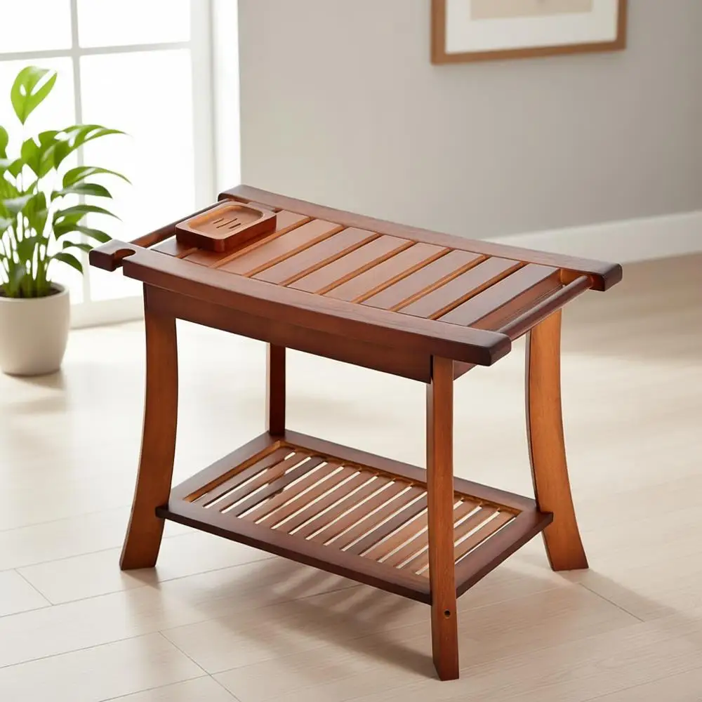 24 Teak Shower Bench with Storage Shelf, Durable Wooden Seat for Bathroom or Outdoor Use, Walnut Finish
24 Teak Shower Bench with Storage Shelf, Durable Wooden Seat for Bathroom or Outdoor Use, Walnut Finish