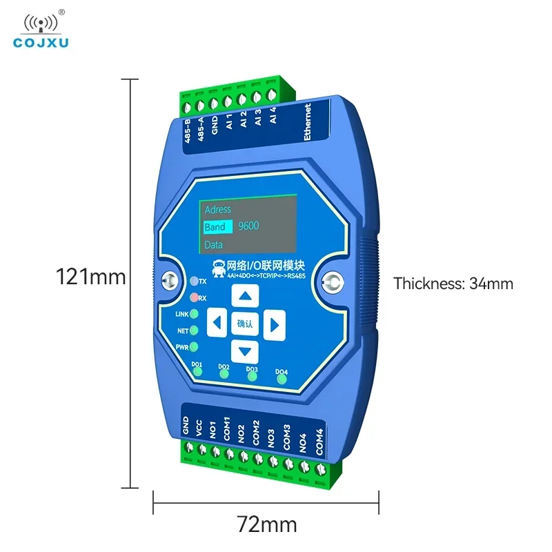 COJXU Ethernet I/O 4AI + 4DO контроллер сбора значения переключения ModBus для установки сетевого модуля ввода-вывода Ethernet PLC RS485
COJXU Ethernet I/O 4AI + 4DO контроллер сбора значения переключения ModBus для установки сетевого модуля ввода-вывода Ethernet PLC RS485