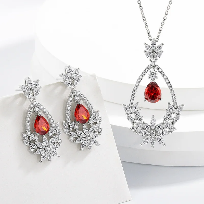925 Sterling Silver Fire Pomegranate Red Zircon Water Drop Flower Earrings Necklace Set Ladies Wedding Banquet Gorgeous Jewelry
925 Sterling Silver Fire Pomegranate Red Zircon Water Drop Flower Earrings Necklace Set Ladies Wedding Banquet Gorgeous Jewelry