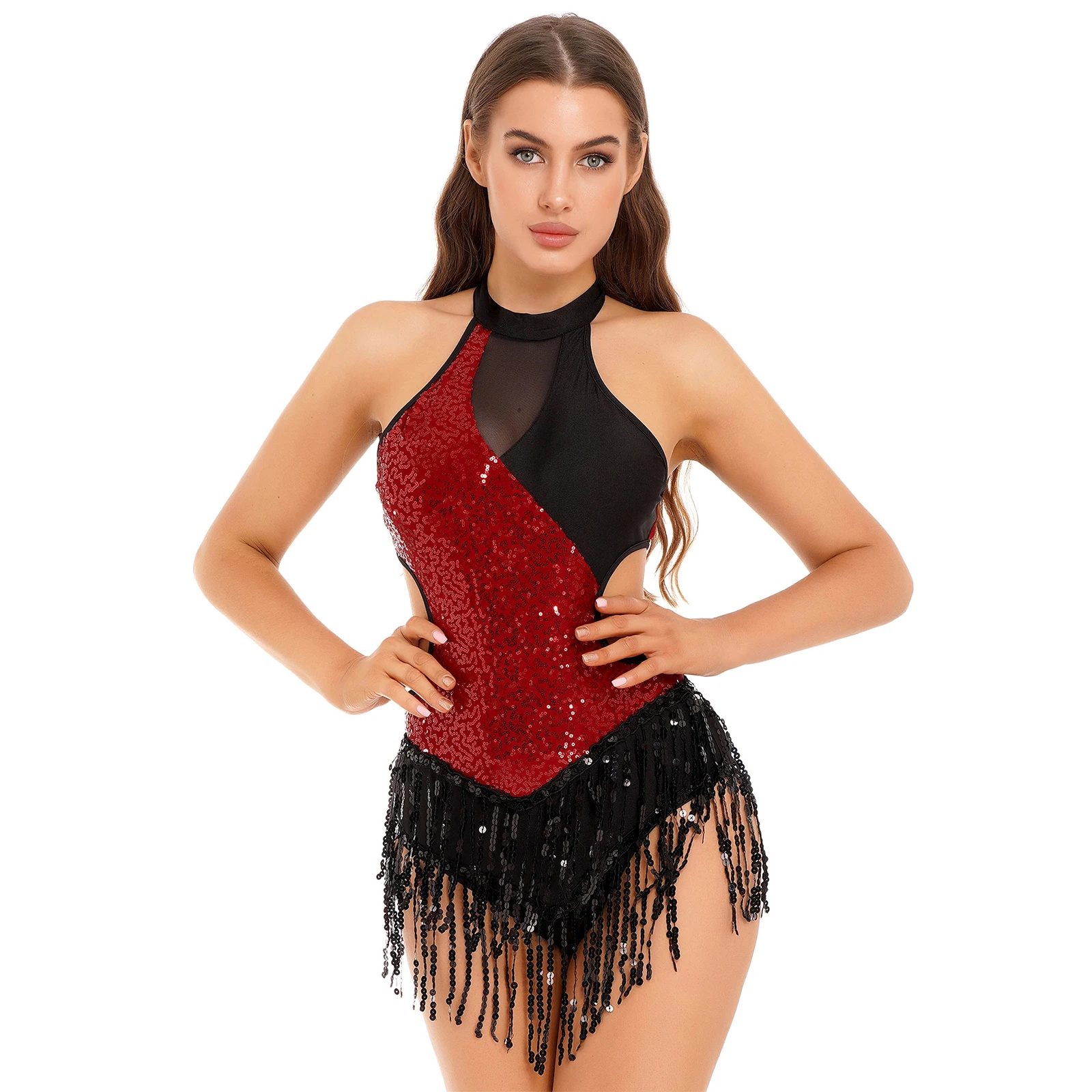 Womens Latin Cha-Cha Dance Performance Costume Sparkling Sequin Patchwork Bodysuit Sleeveless Fringed Leotard with Gloves Hat
Womens Latin Cha-Cha Dance Performance Costume Sparkling Sequin Patchwork Bodysuit Sleeveless Fringed Leotard with Gloves Hat