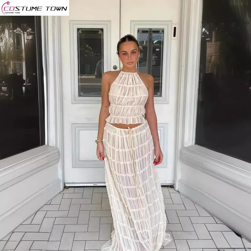 Summer European and American new women's sexy backless top+lace long skirt two-piece set
Summer European and American new women's sexy backless top+lace long skirt two-piece set