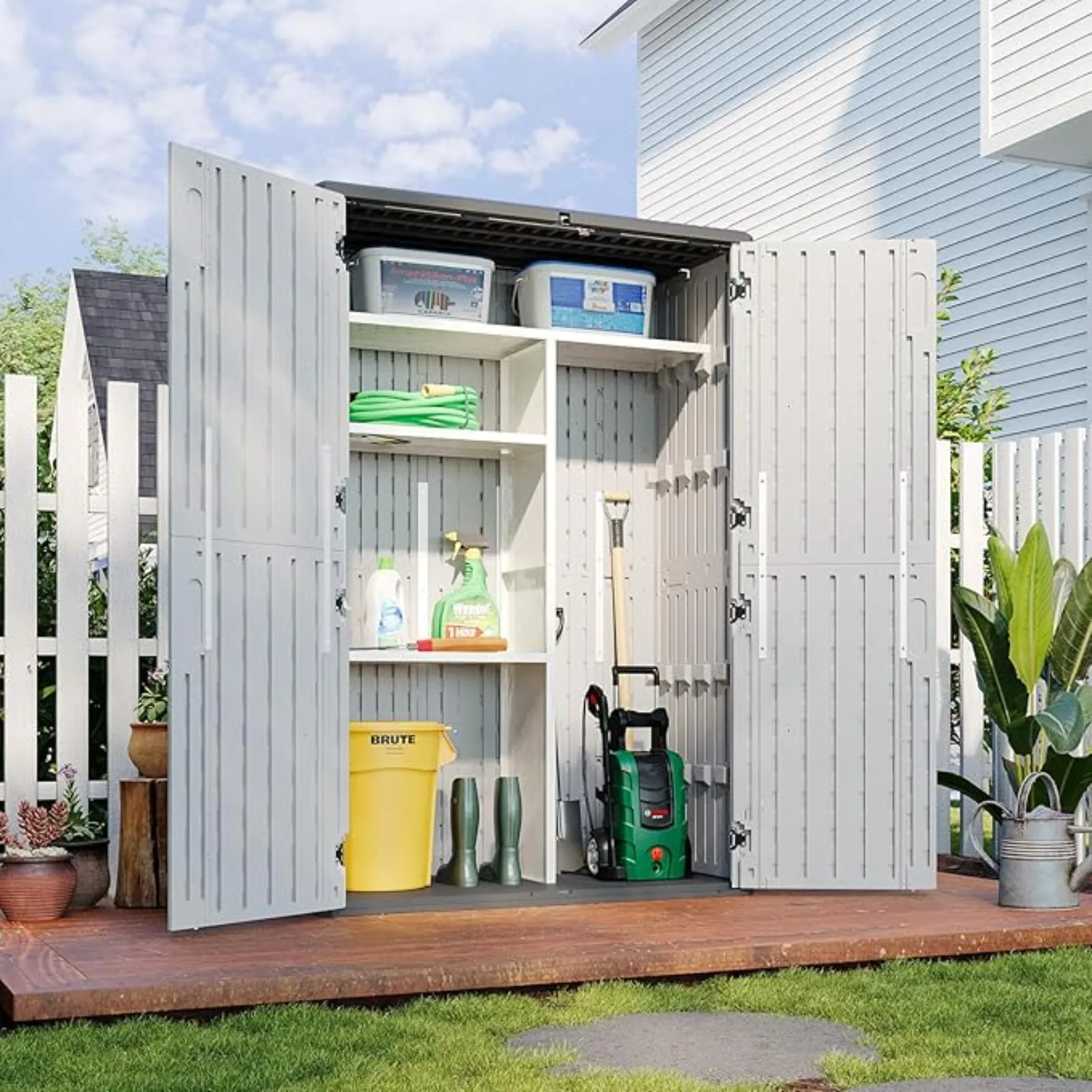 Outdoor Resin Storage Shed with Metal Shelving Kit & loor, 64 Cu.t Veal Waterproo Storage Cabinet or Garage, Pool, Bike, Garden
Outdoor Resin Storage Shed with Metal Shelving Kit & loor, 64 Cu.t Veal Waterproo Storage Cabinet or Garage, Pool, Bike, Garden