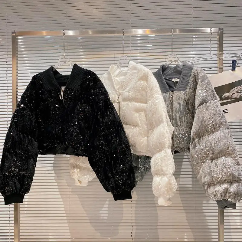 Winter Sequin Velvet Short Cotton Down Jacket Women White Duck Down Drawstring Down Jackets Female Zipper Warm Parker Outwears
Winter Sequin Velvet Short Cotton Down Jacket Women White Duck Down Drawstring Down Jackets Female Zipper Warm Parker Outwears