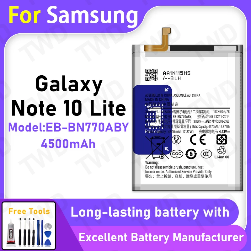 100% New 4500mAh EB-BN770ABY Battery For Samsung Galaxy Note 10 Lite Battery Replacement Bateria+Free Tools
100% New 4500mAh EB-BN770ABY Battery For Samsung Galaxy Note 10 Lite Battery Replacement Bateria+Free Tools