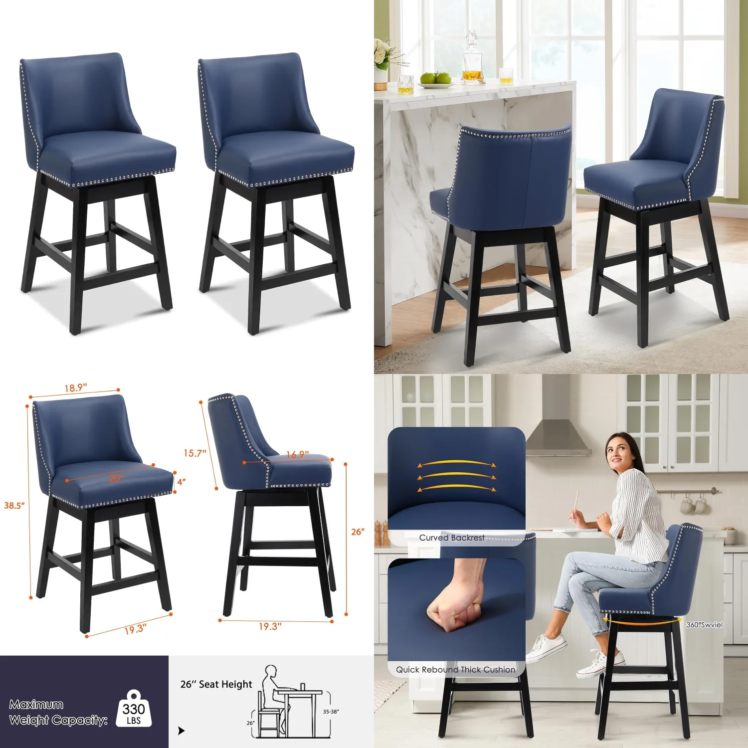 26in Swivel Bar Stools Set of 2 Wood Legs Faux Leather Back 300lbs Kitchen Island, Customized
26in Swivel Bar Stools Set of 2 Wood Legs Faux Leather Back 300lbs Kitchen Island, Customized