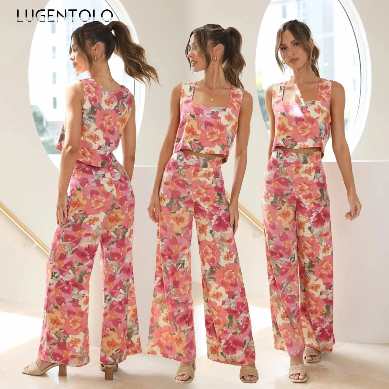 Women Fashion Print Tank Pant Sets Summer Sleeveless Vset Top Female Elegant High Waist Wide-leg Pants 2-piece Set
Women Fashion Print Tank Pant Sets Summer Sleeveless Vset Top Female Elegant High Waist Wide-leg Pants 2-piece Set