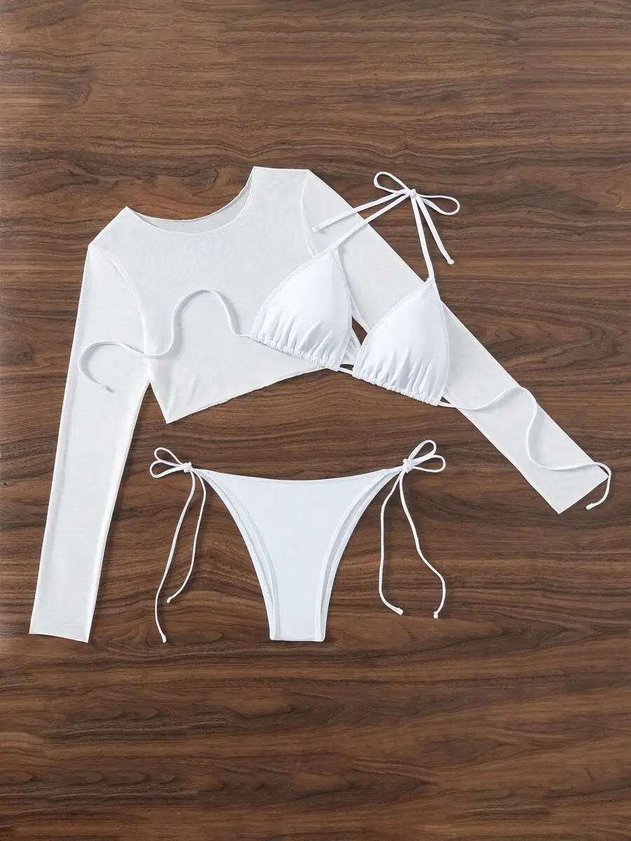 White 3 Piece Triangle Bikini Set With Long Sleeve Cover Up Top For Women
White 3 Piece Triangle Bikini Set With Long Sleeve Cover Up Top For Women