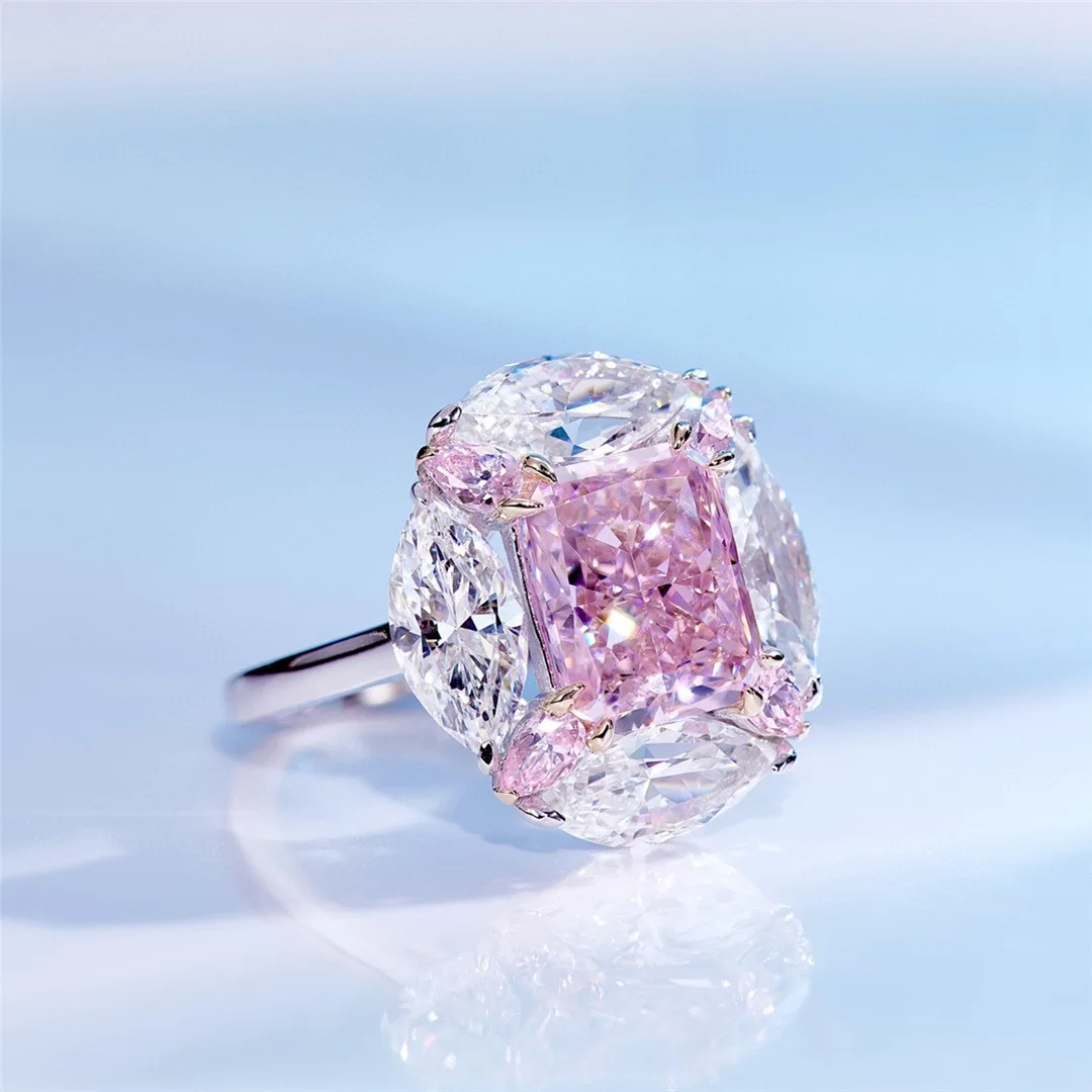 Pink Diamond Ring, Fashionable And Sweet 4-carat Imitation Diamond Ring S925 Silver Colored Diamond Large Carat 
Pink Diamond Ring, Fashionable And Sweet 4-carat Imitation Diamond Ring S925 Silver Colored Diamond Large Carat