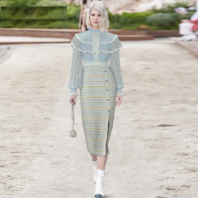 New Fashion Runway Spring Women Lace Lantern Sleeve Patchwork High Waist Blue Slim Midi Pencil Dresses
New Fashion Runway Spring Women Lace Lantern Sleeve Patchwork High Waist Blue Slim Midi Pencil Dresses