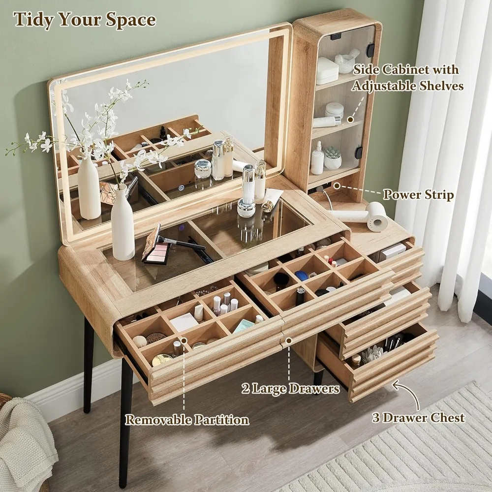 Fluted Makeup Vanity Desk with Large 35" HD Lighted Mirror, 48" Mid Century Modern Glass Top Vanity Table with 5 Drawers
Fluted Makeup Vanity Desk with Large 35" HD Lighted Mirror, 48" Mid Century Modern Glass Top Vanity Table with 5 Drawers