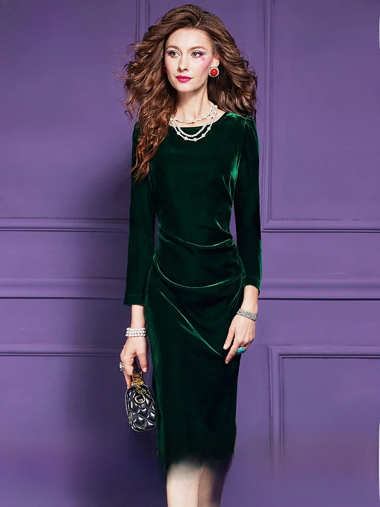 Elegant Green Velvet Long Sleeve Dress Women's Autumn Fashion Retro Pleated Slimming Design Sense Atmosphere Ceremony Dress
Elegant Green Velvet Long Sleeve Dress Women's Autumn Fashion Retro Pleated Slimming Design Sense Atmosphere Ceremony Dress